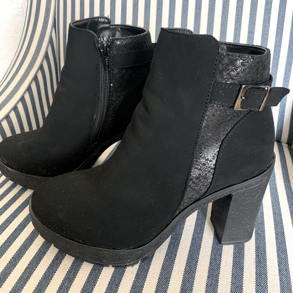 Andrea Ankle Platform Booties, Black w/Black Snakeskin Trimming.